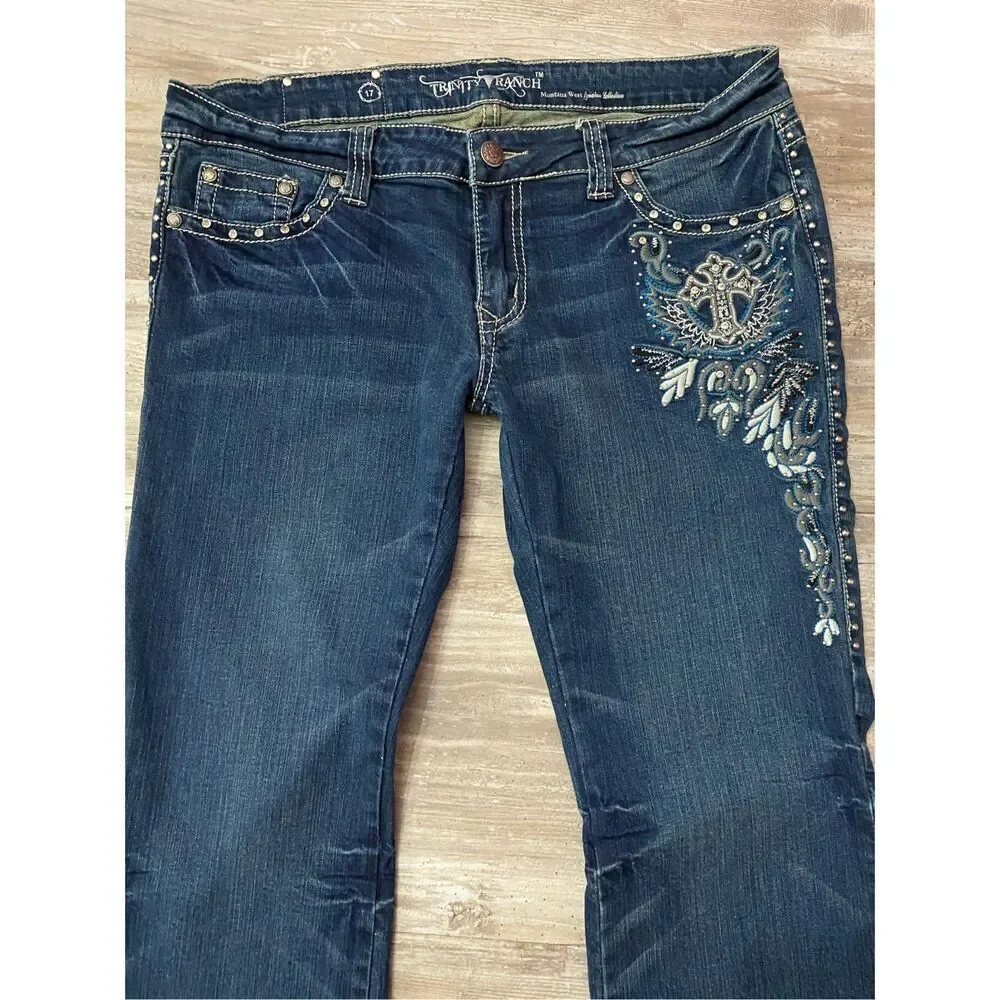 Montana West Trinity Ranch Flare Jeans Embroidered Womens JR’s Sz 17